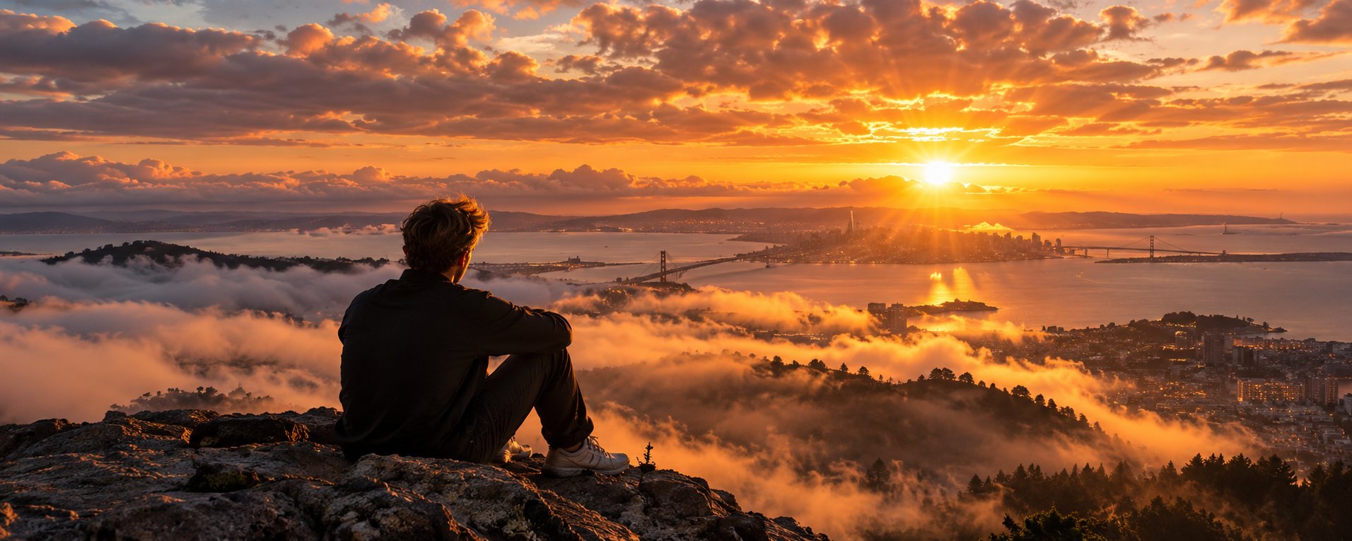 A man sitting on a rocky hilltop at sunset, looking out over fog and the San Francisco Bay