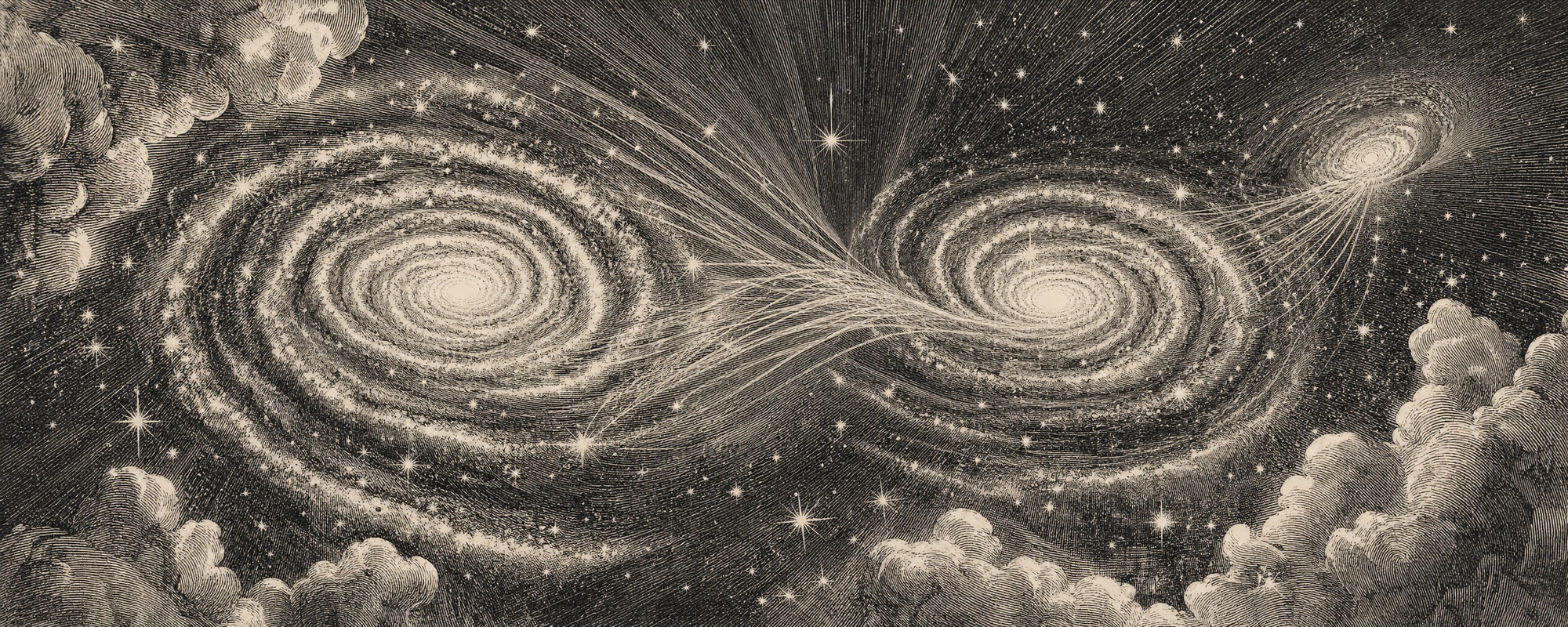 A copperplate engraving of two spiral galaxies colliding, joined by streams of fine lines, with a third small galaxy and clouds